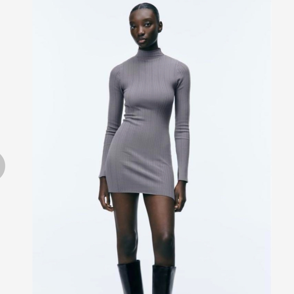 Zara NWT Gray Ribbed Knit Stripe Mock Neck Bodycon Mini Dress L